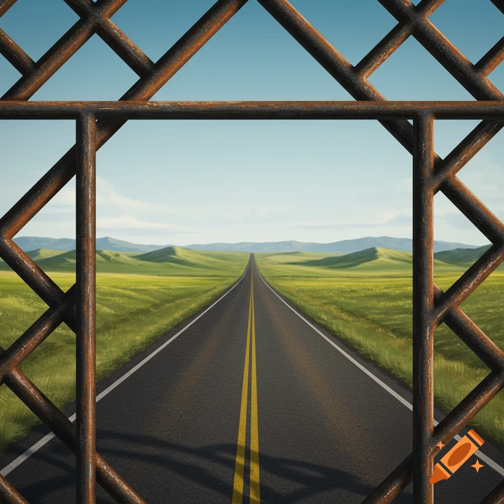 Open road view through iron bars