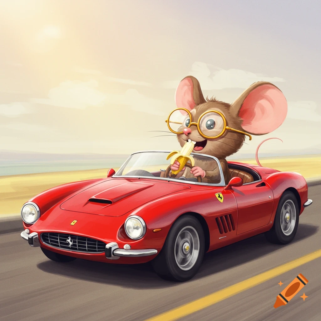 Cartoon mouse in a red convertible driving on a highway and eating a banana.