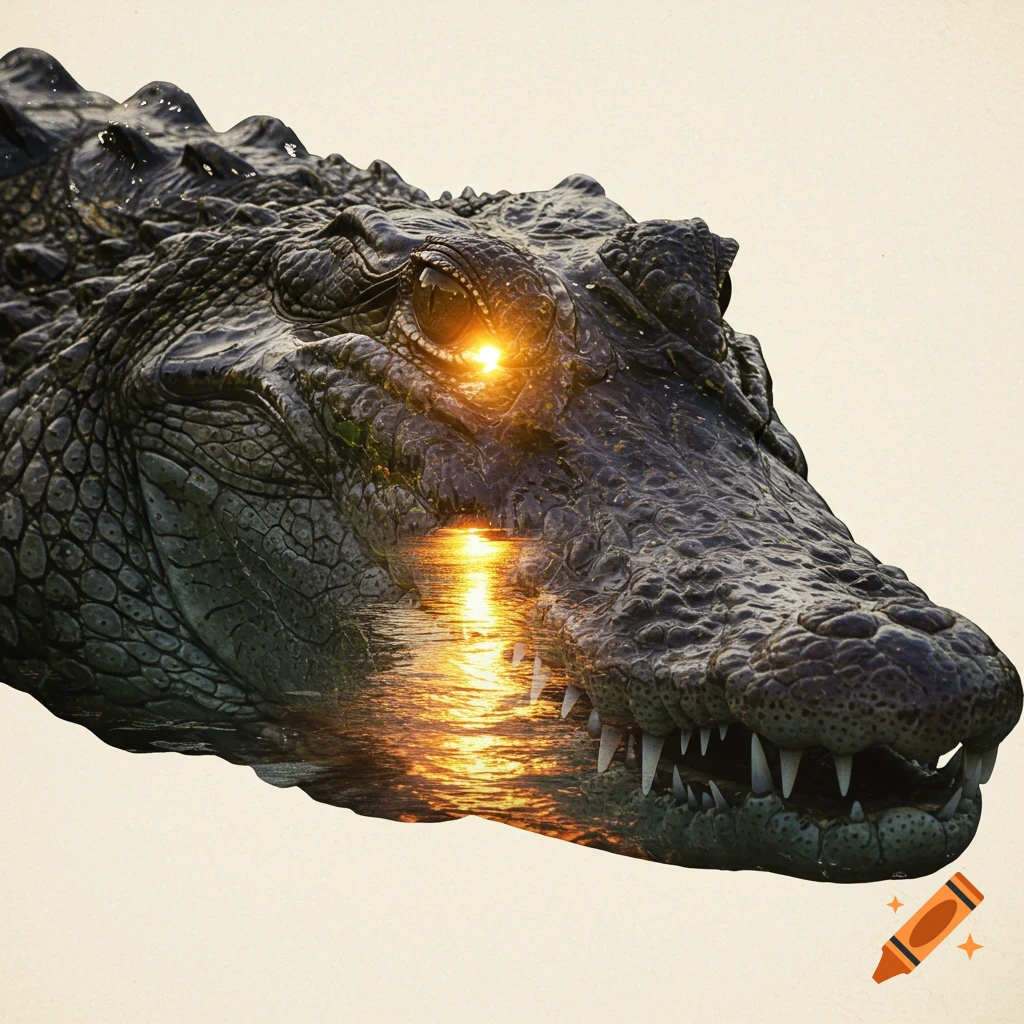 Double exposure effect showing a crocodile's head with a tropical river sunset reflected inside.