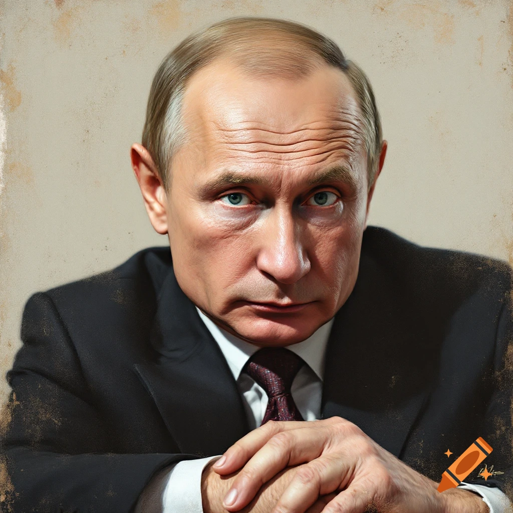 Close-up realistic portrait of Vladimir Putin with hands clasped.
