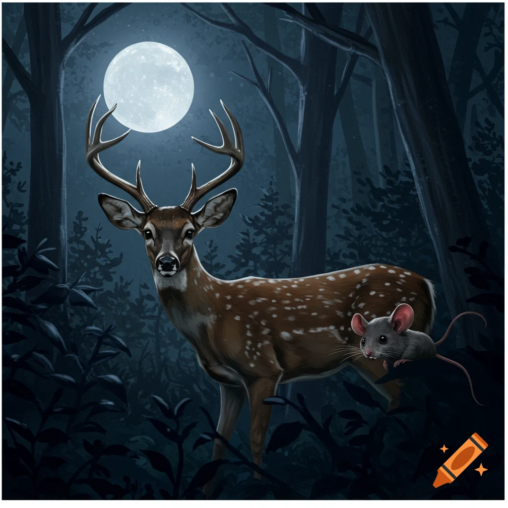 A deer and a mouse in a dark forest under a full moon, illustration.