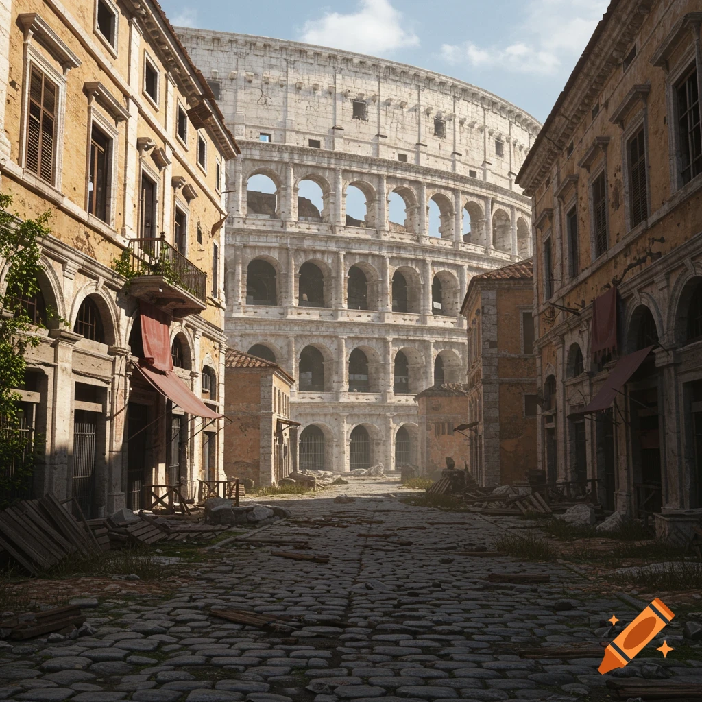 Desolate city district with a crumbling colosseum and skeletal buildings