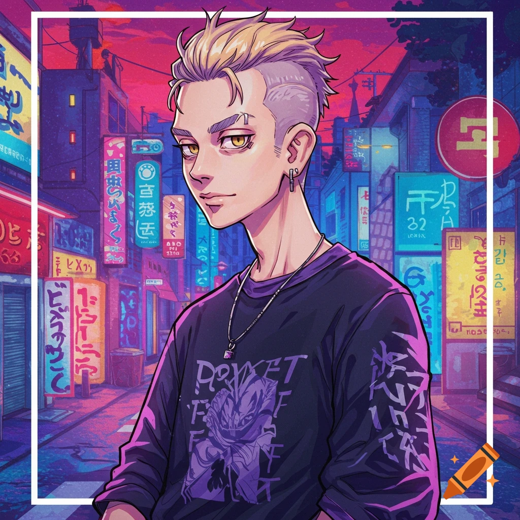Anime portrait of a male character on a neon-lit city street.