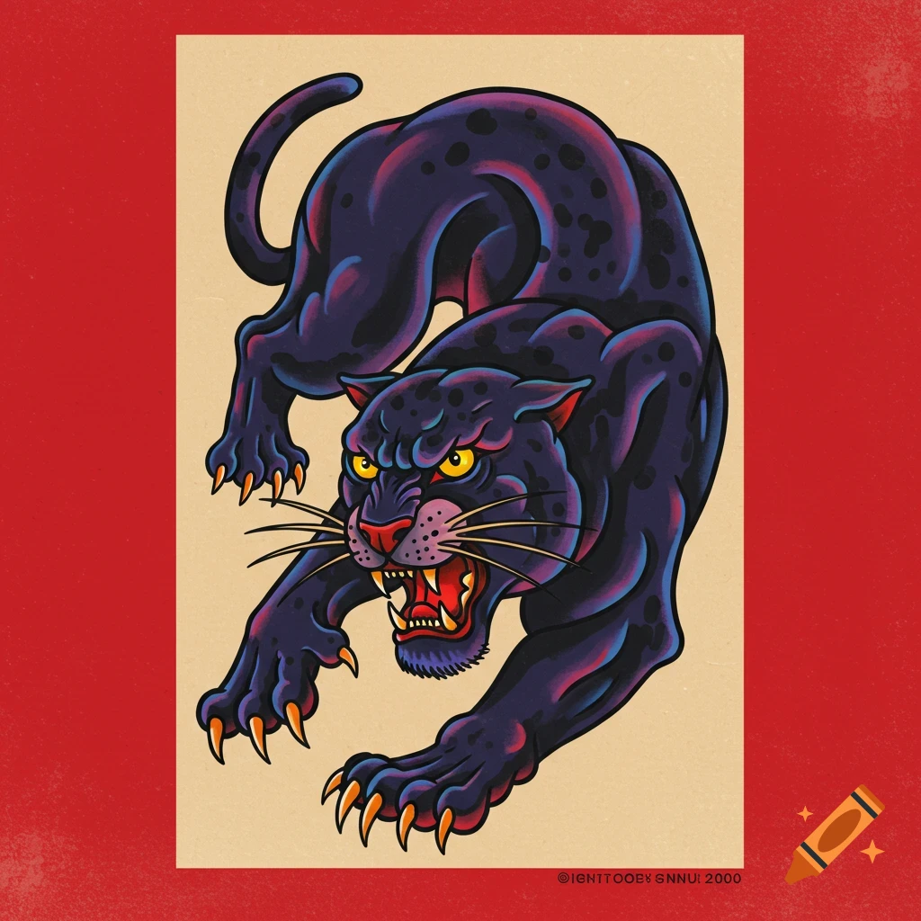 A stylized black panther in traditional tattoo flash art style.
