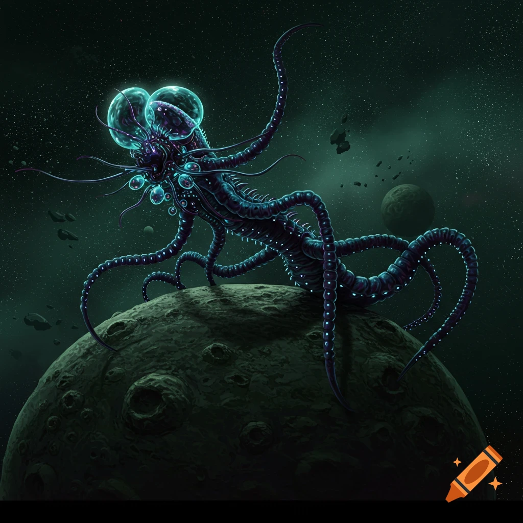 A large, multi-limbed alien creature with bulbous eyes stands on a dark, bumpy planet in space.