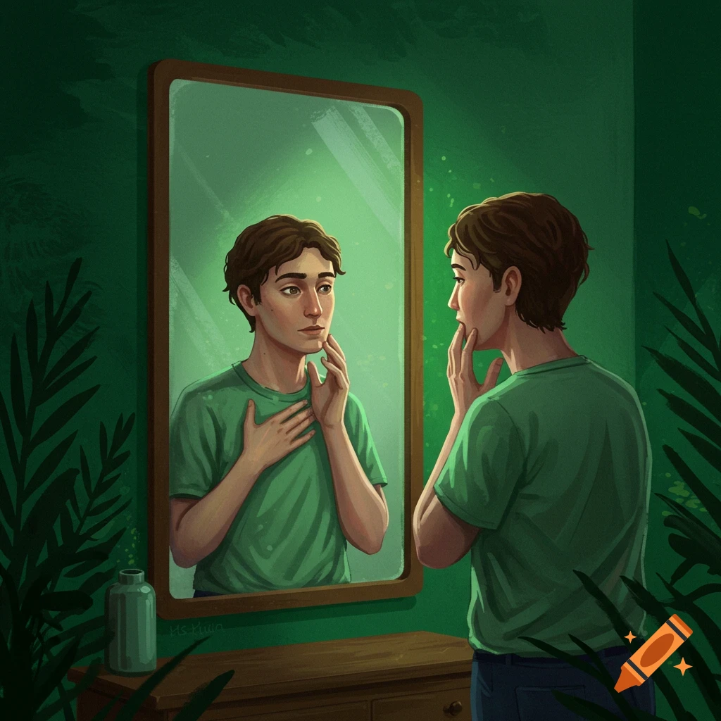 Illustration of a young person in a green shirt looking in a mirror.