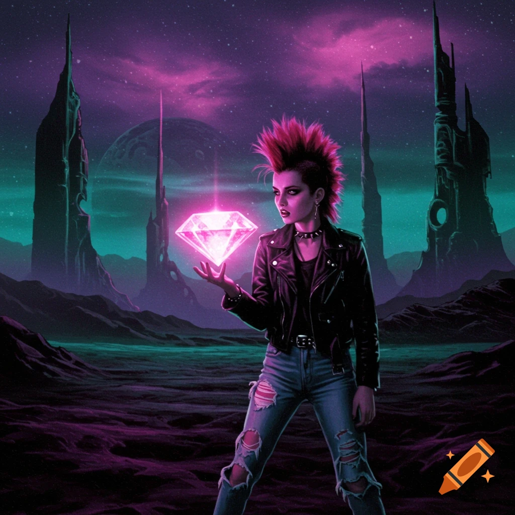 A punk person with a pink mohawk holds a glowing diamond in a dark, alien landscape with spires.