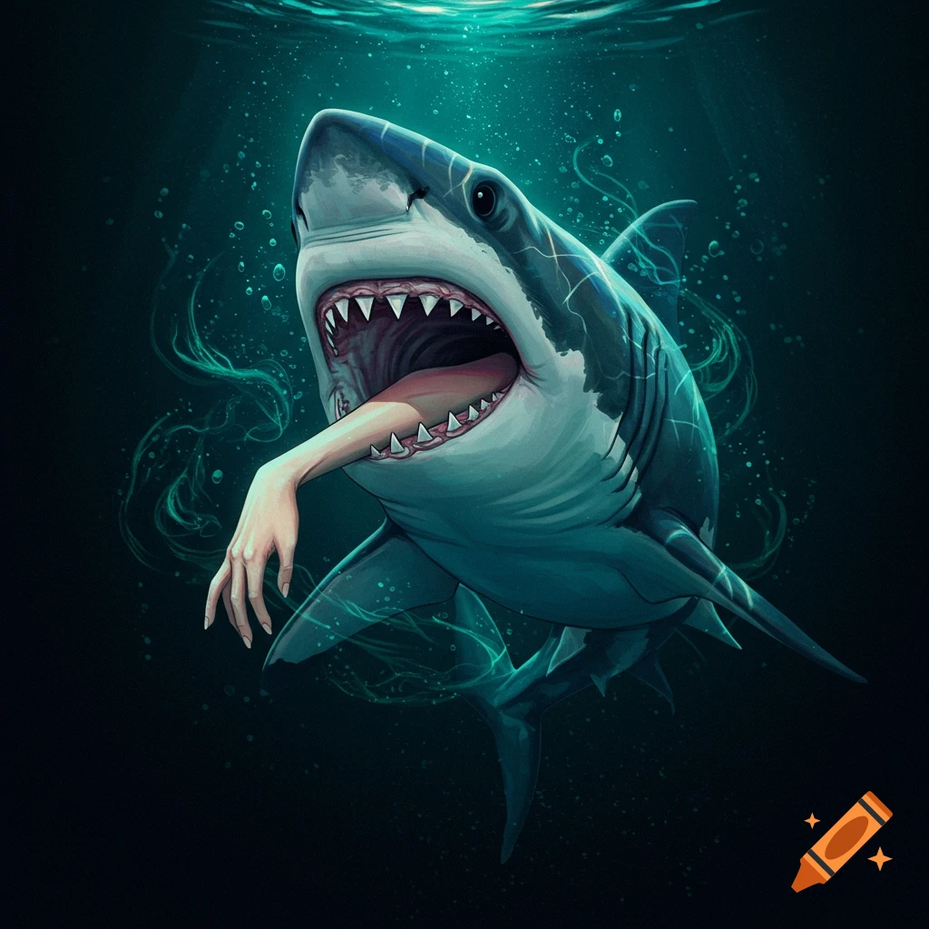 Cartoon shark wearing blue nike sneakers running on a beach near the