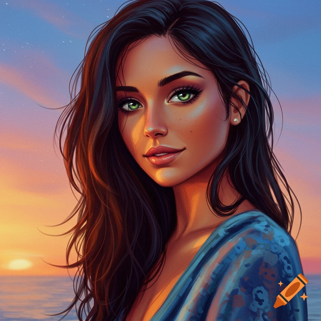 Stylized portrait of a woman with green eyes and dark hair against a sunset ocean background.