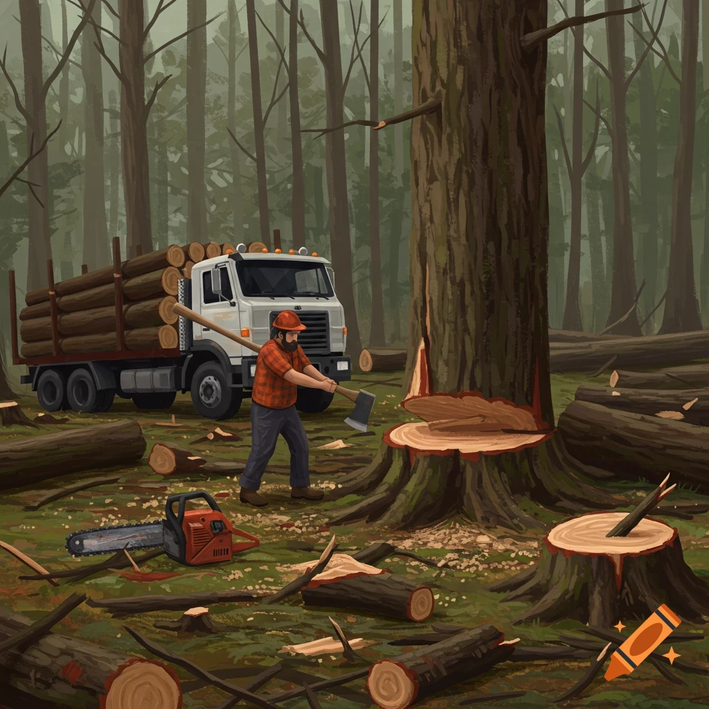 Illustration of a lumberjack chopping a large tree in a forest, with a logging truck loaded with logs nearby and a chainsaw on the ground.