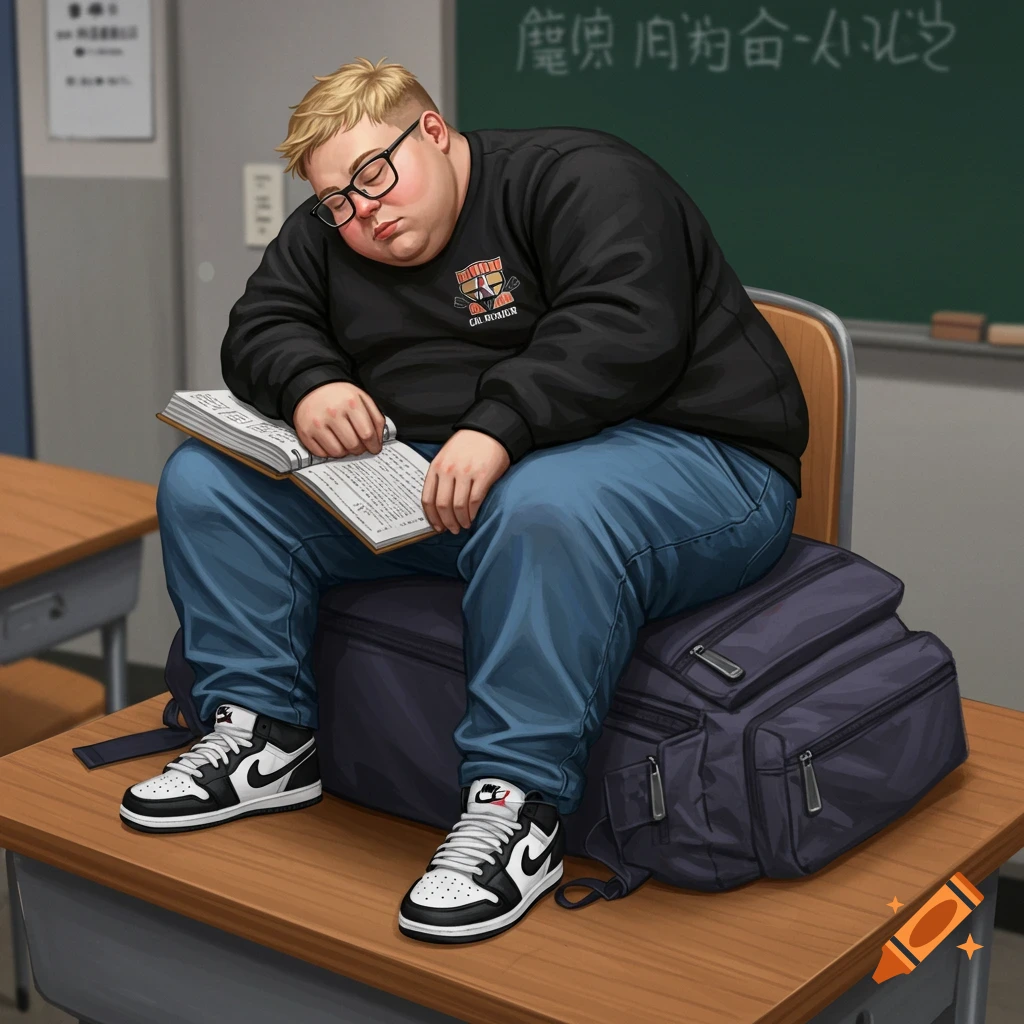 Man sleeping on a backpack on a school desk