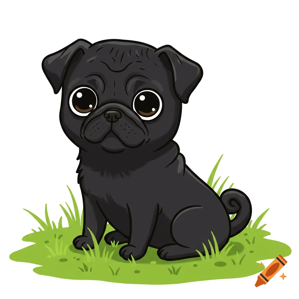 A cute black cartoon pug sits in green grass.