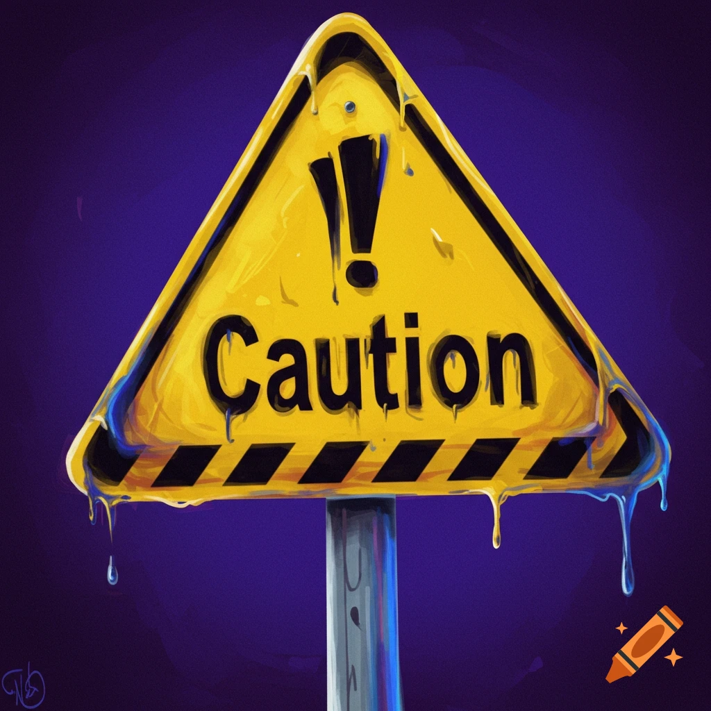 A dripping yellow caution sign with the word 'Caution' and hazard stripes.