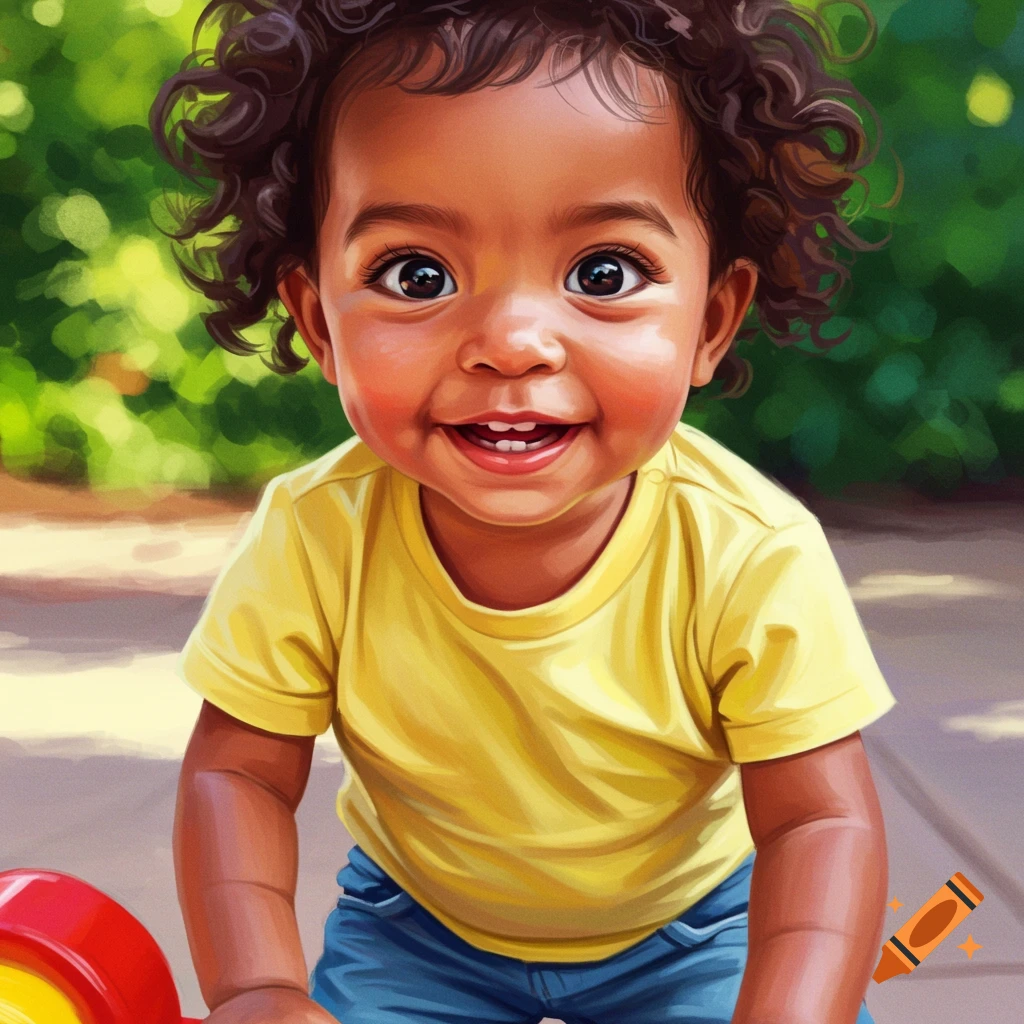 An illustration of a happy toddler wearing a yellow shirt