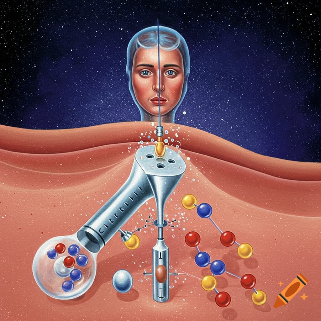Stylized illustration showing a human head above a device inserting a needle, with molecules, against a starry background, depicting drug delivery.