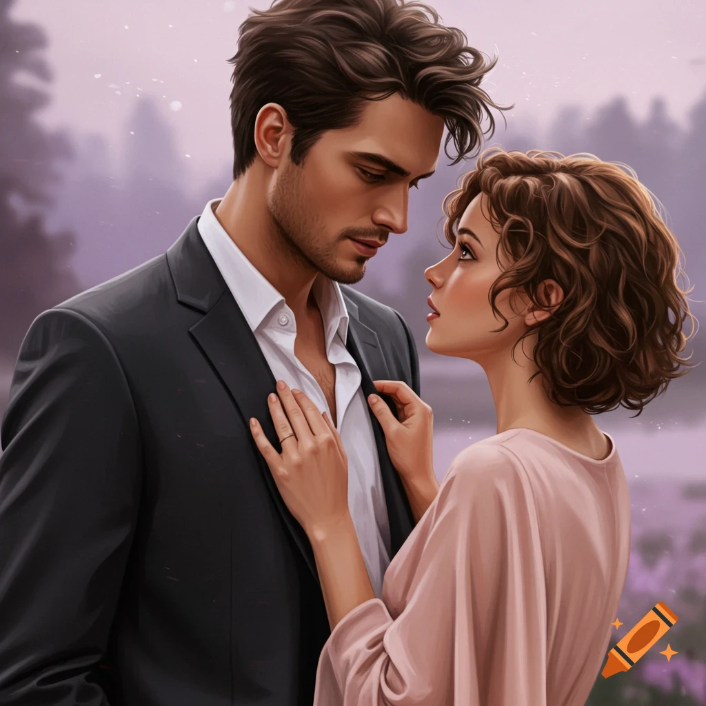 Illustrative portrait of a man and woman looking at each other, her hands on his chest.