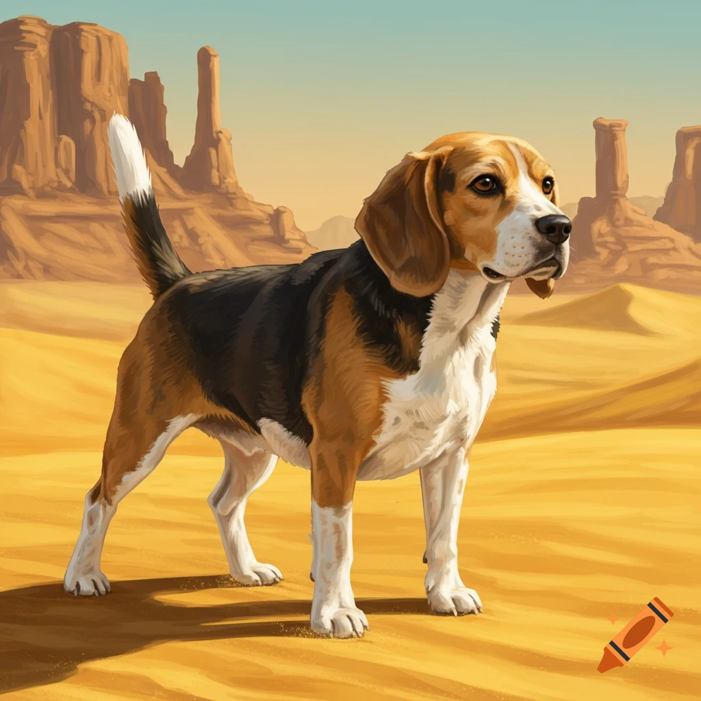 A beagle dog stands in a desert landscape with rocky formations.