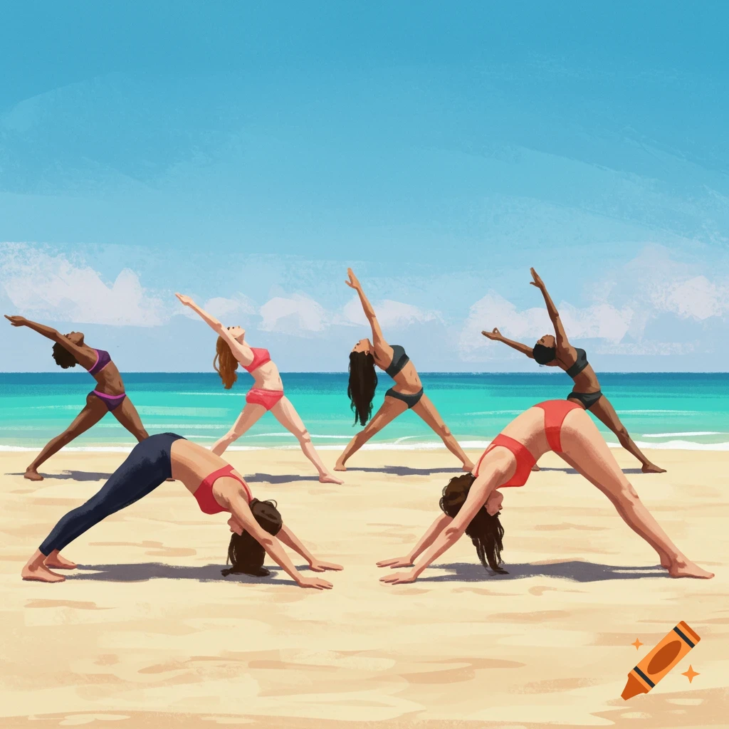 Illustrative depiction of diverse women doing yoga poses on a sandy beach.