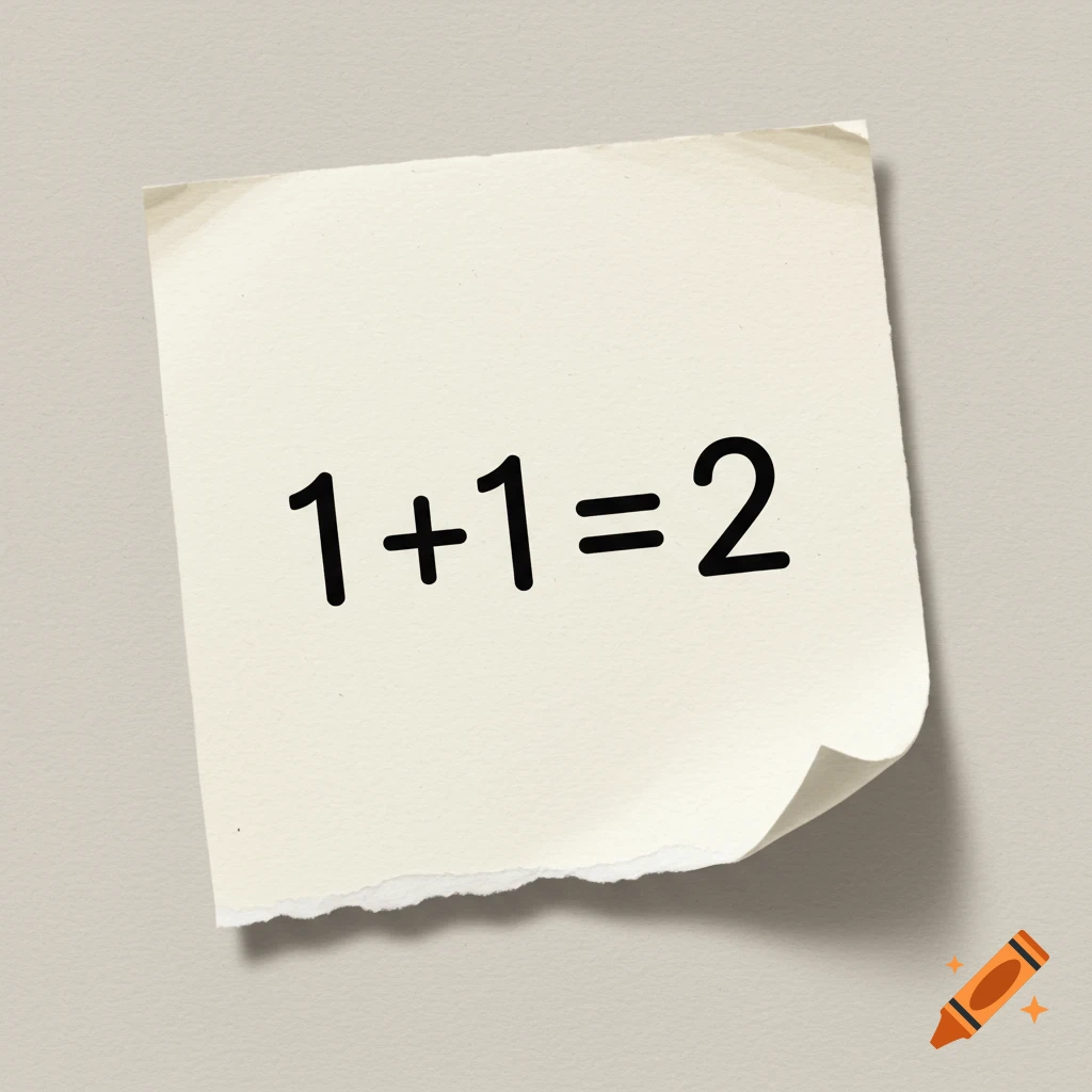 The equation 1+1=2 written in black marker on a white sticky note.