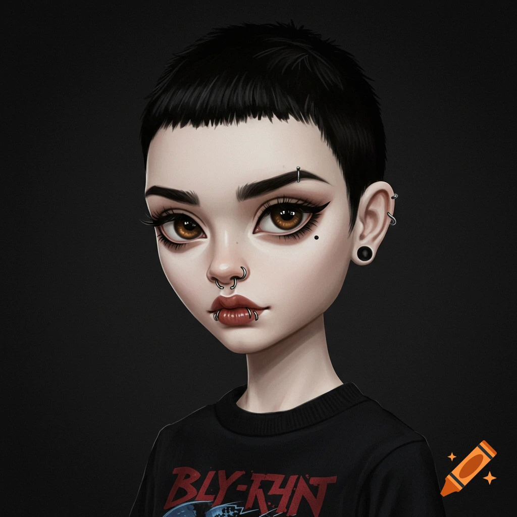 Stylized portrait of a young person with a buzzcut and piercings wearing a band t-shirt.