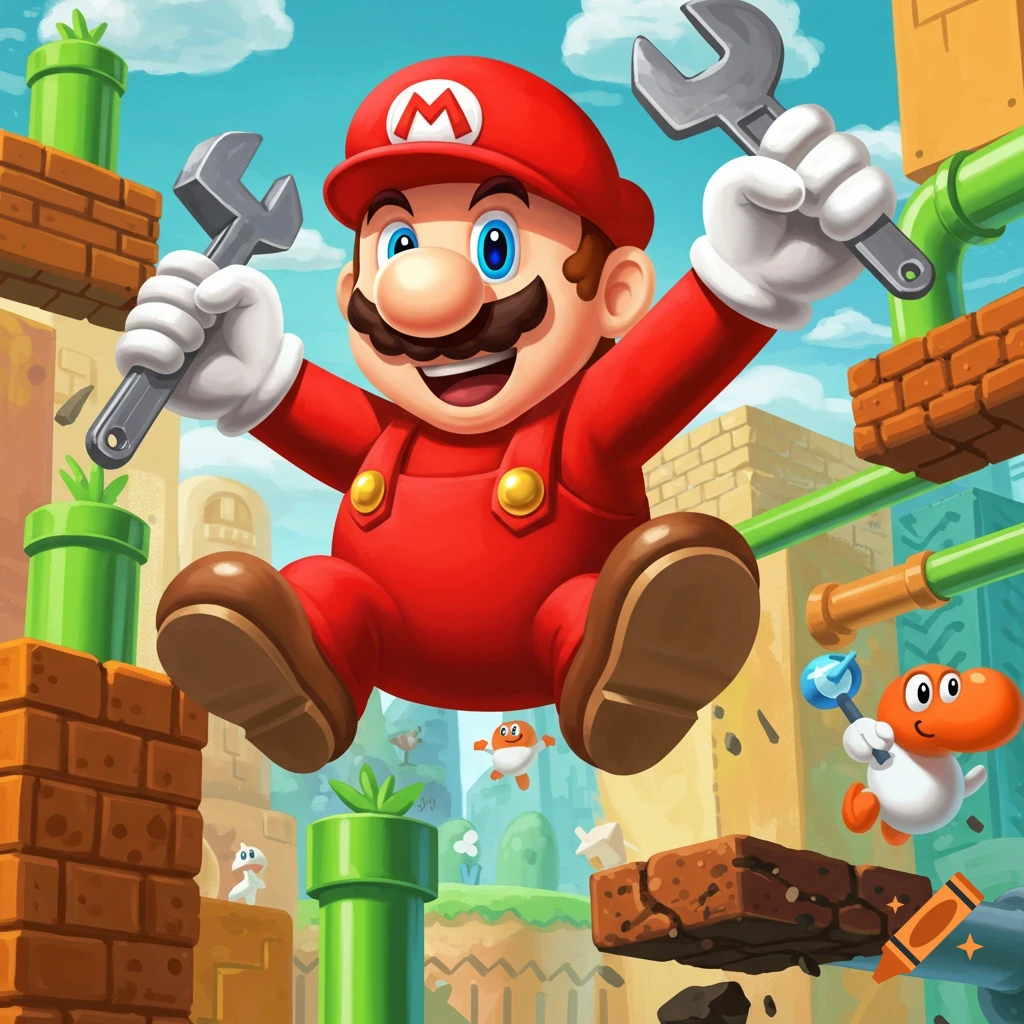A cartoon image of Mario jumping with wrenches in a Super Mario Bros. game world.