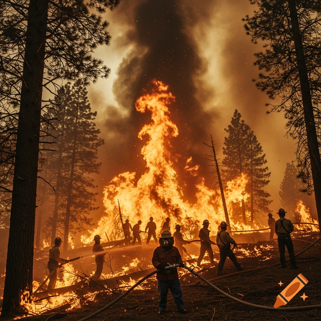 Smokey Bear fighting large wildfire with firefighters