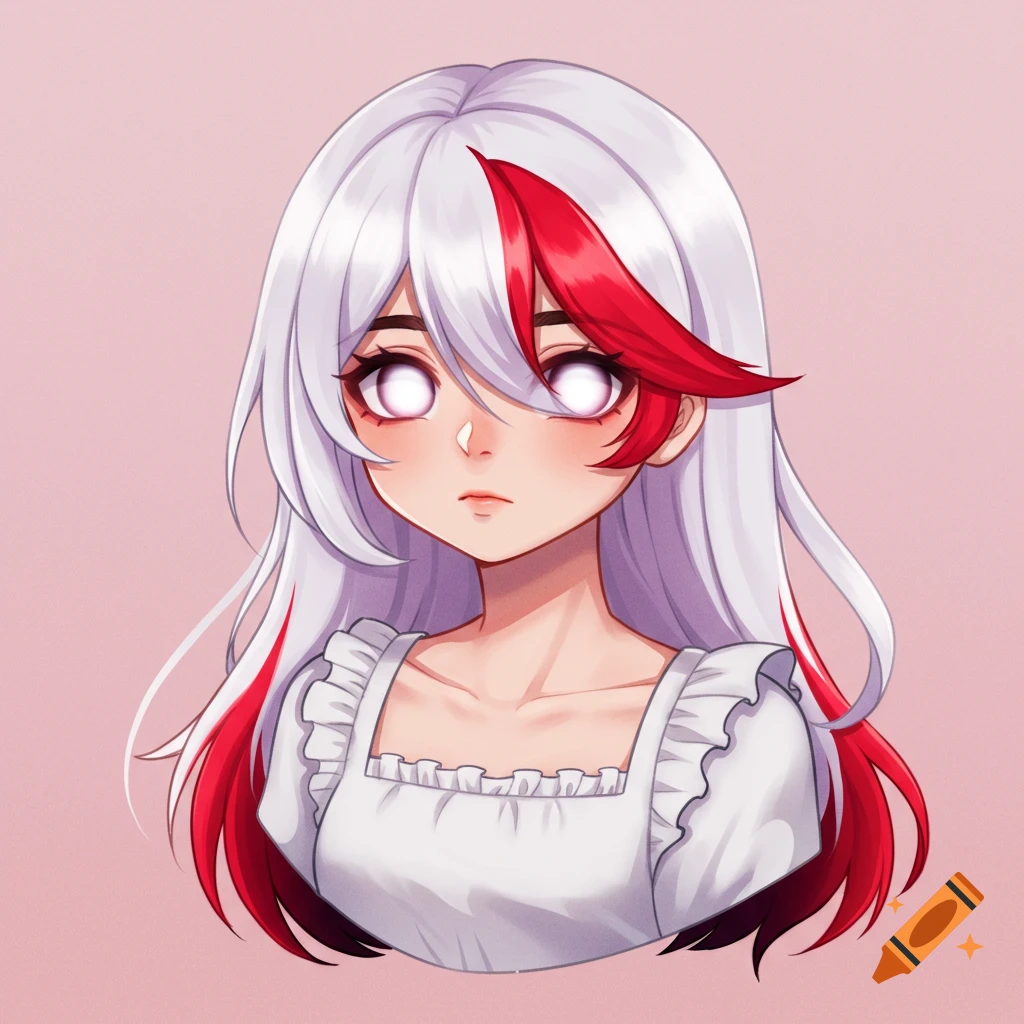 Anime illustration bust-up of a girl with white hair and red highlights, glowing eyes, wearing a white ruffled top.