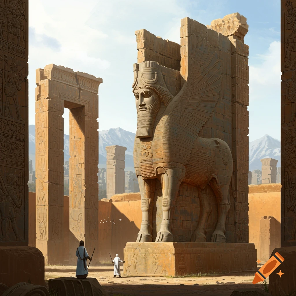 View of ancient ruins with a colossal winged bull statue and two figures in the foreground.