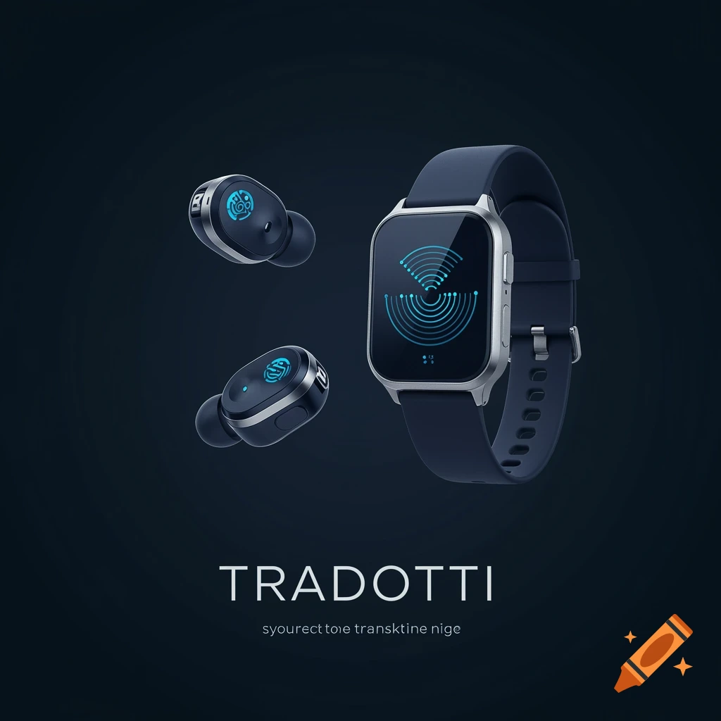 A smartwatch and two wireless earbuds floating on a dark background with text.