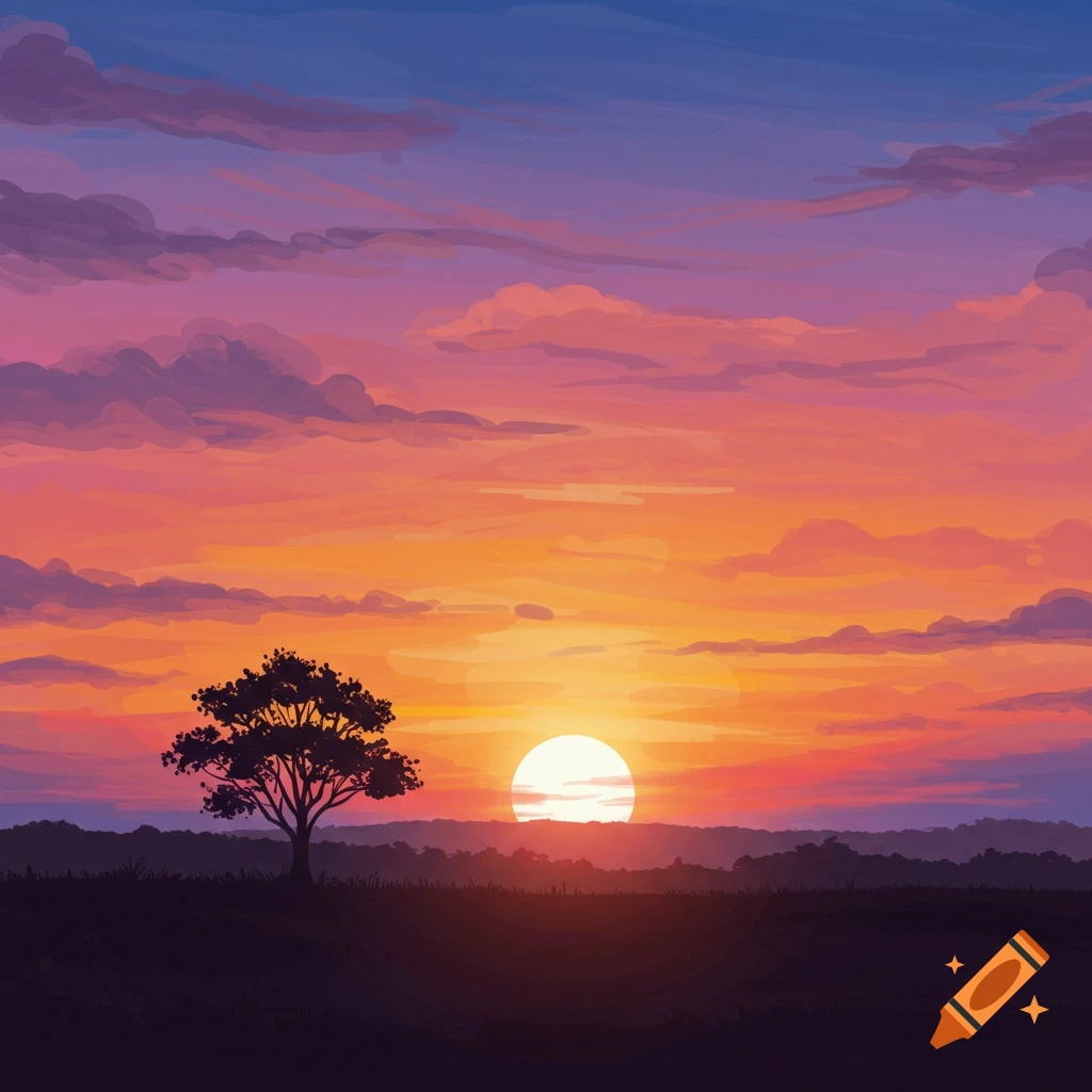 Illustrative painting of a vibrant sunset over a field with a silhouetted tree