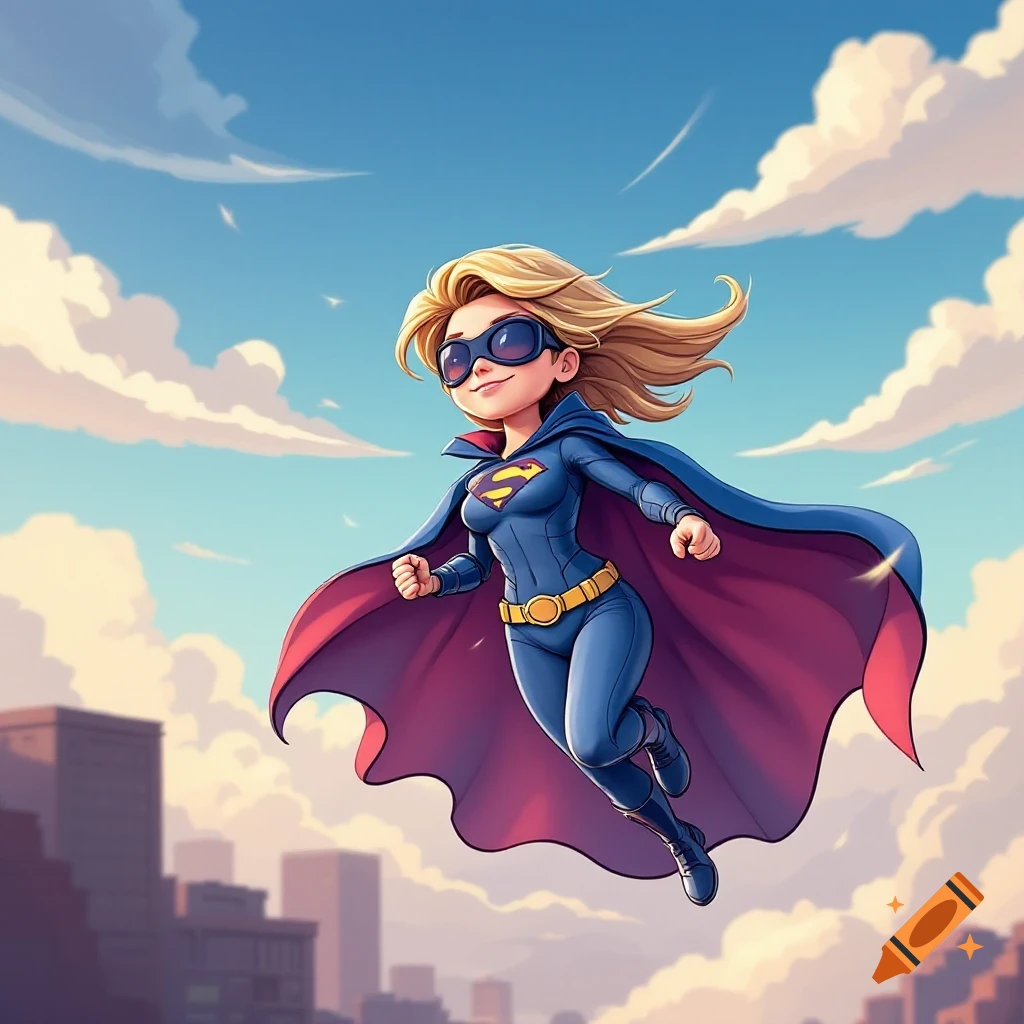 Cartoon female superhero with cape and goggles flying over a city skyline.