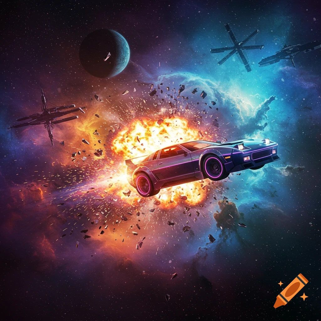A futuristic car explodes in deep space near planets and spaceships.