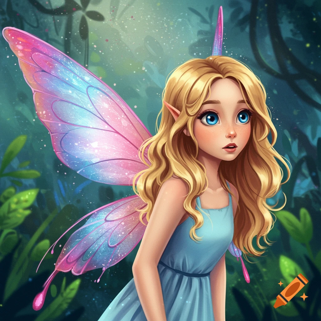 Illustration of a blonde girl with blue eyes, pink and blue sparkly wings, and pointed ears in a forest.