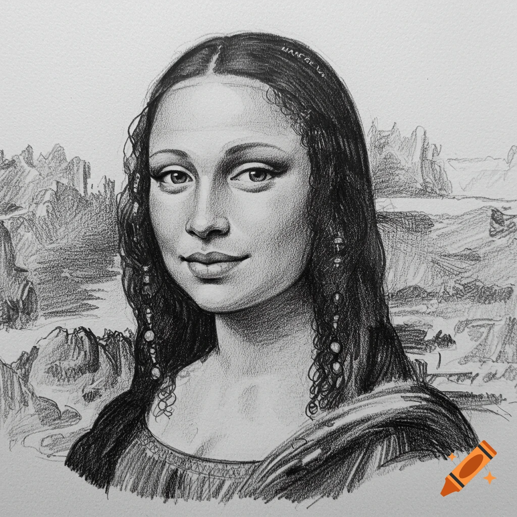 Pencil drawing of a woman in the style of the Mona Lisa.