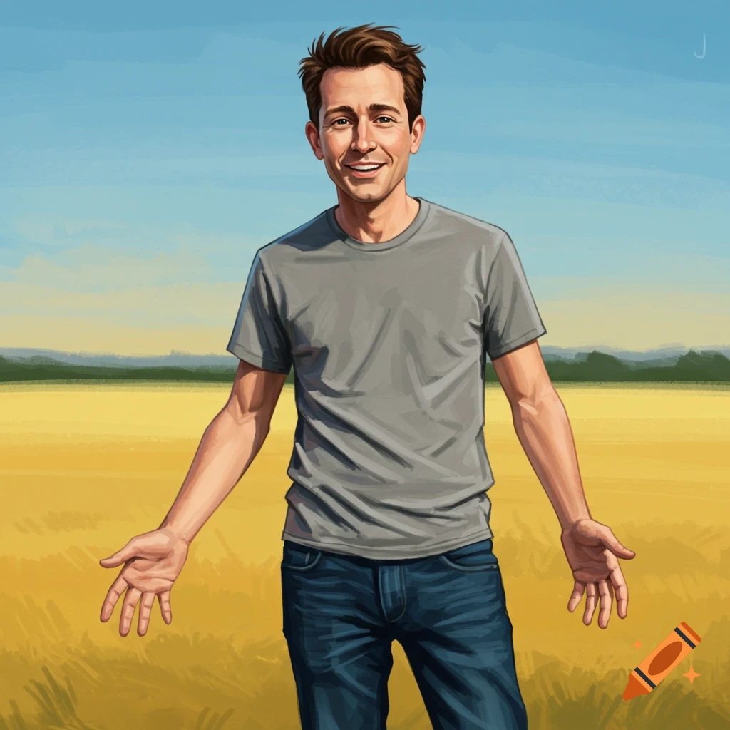 Digital illustration of a smiling man in a grey shirt and jeans standing in a golden field with arms outstretched.