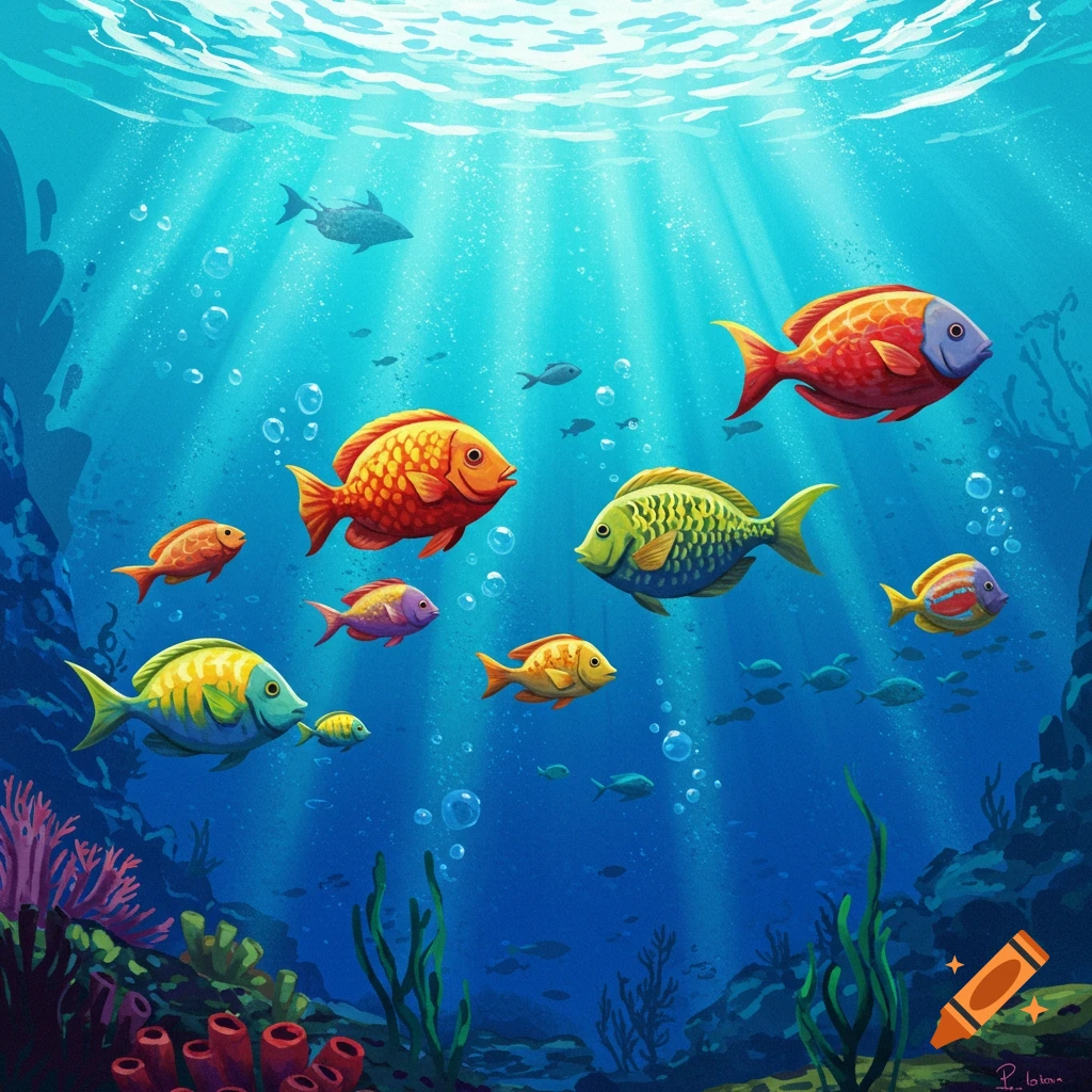 Colorful fish swim in a sunlit underwater scene with coral and bubbles, in an illustrative style.