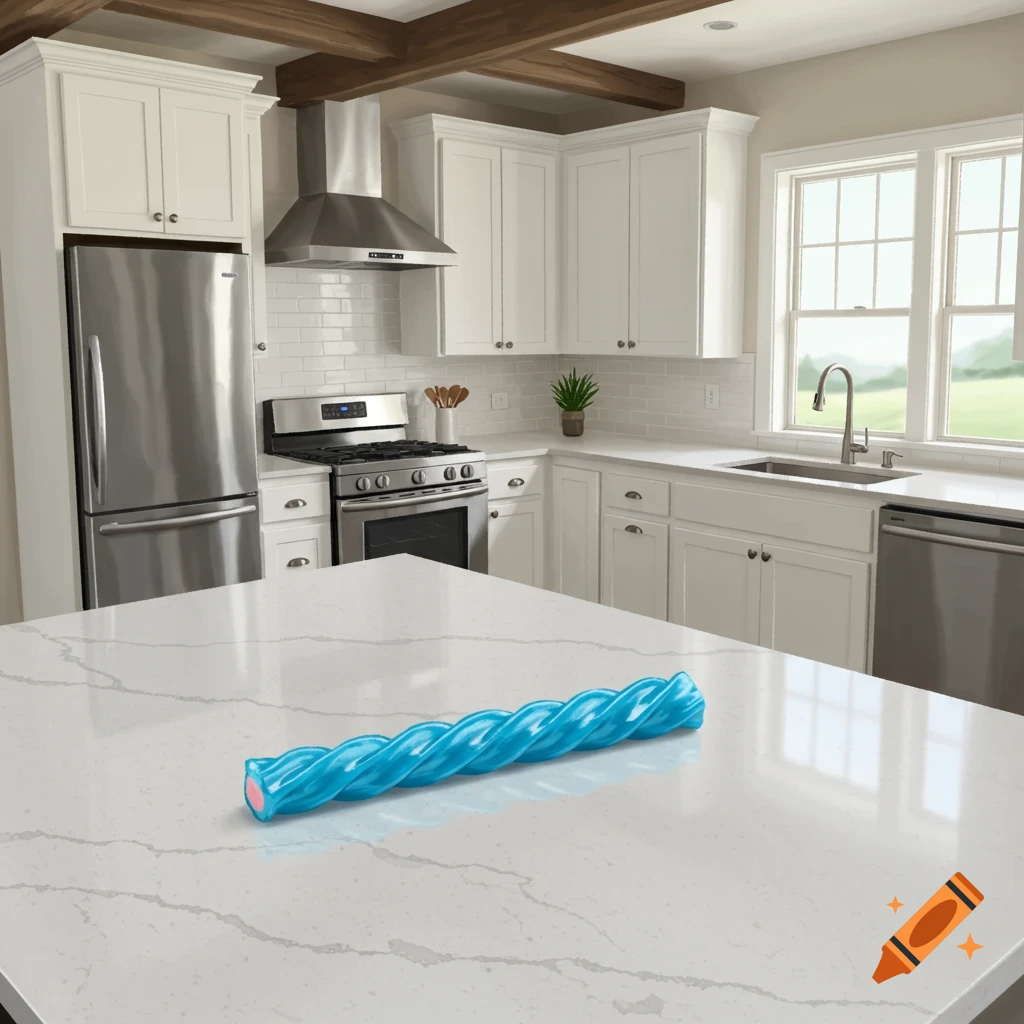 A blue raspberry licorice twist on a white quartz countertop in a modern farmhouse kitchen.