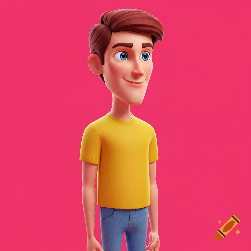 A 3D cartoon rendering of a young man in a yellow t-shirt and blue jeans against a pink background.