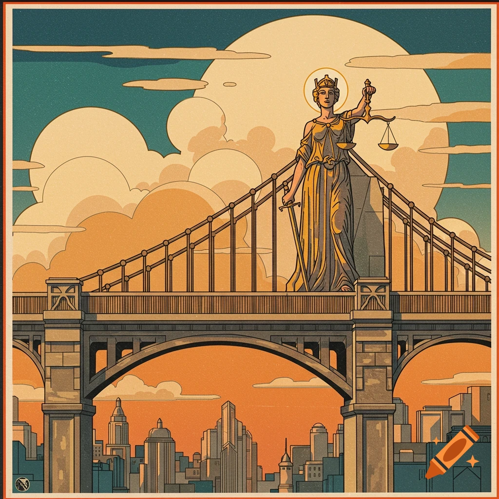 Art Deco poster of Lady Justice standing on a bridge over a city