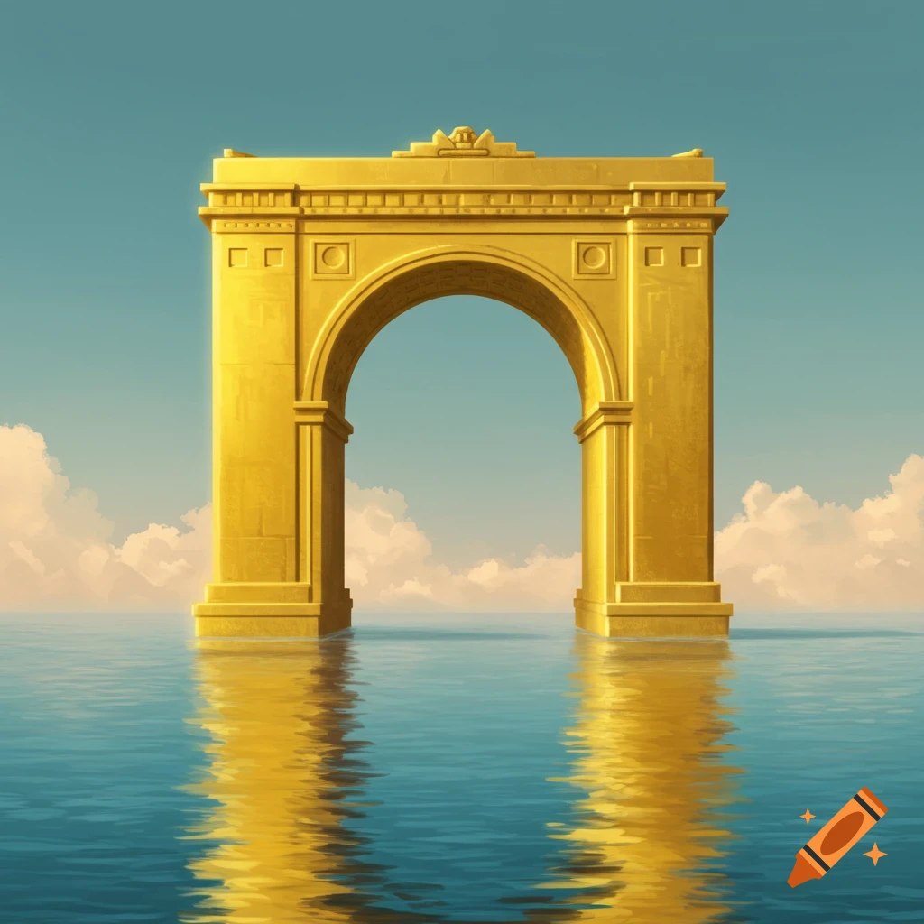 A large golden arch stands in calm blue water under a partly cloudy sky.