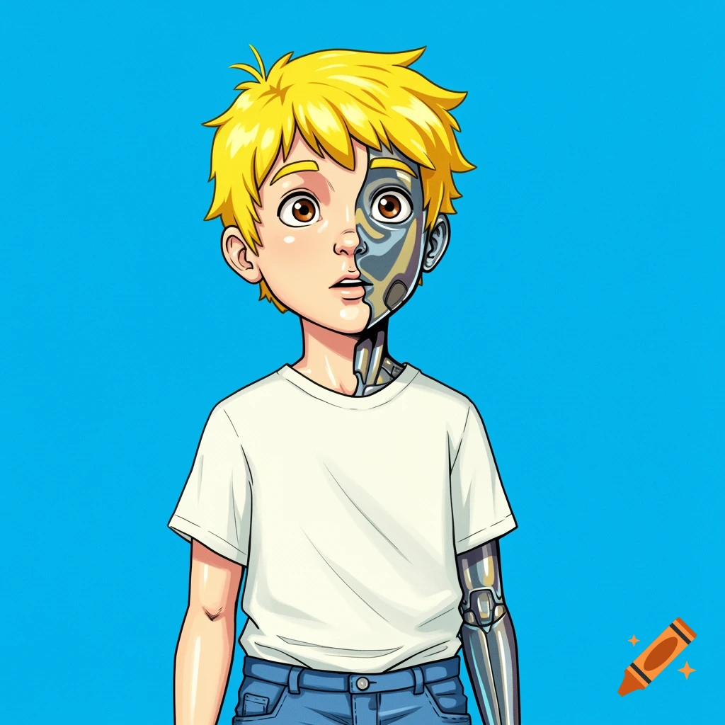Illustration of a boy with half his face and an arm replaced by robot parts.