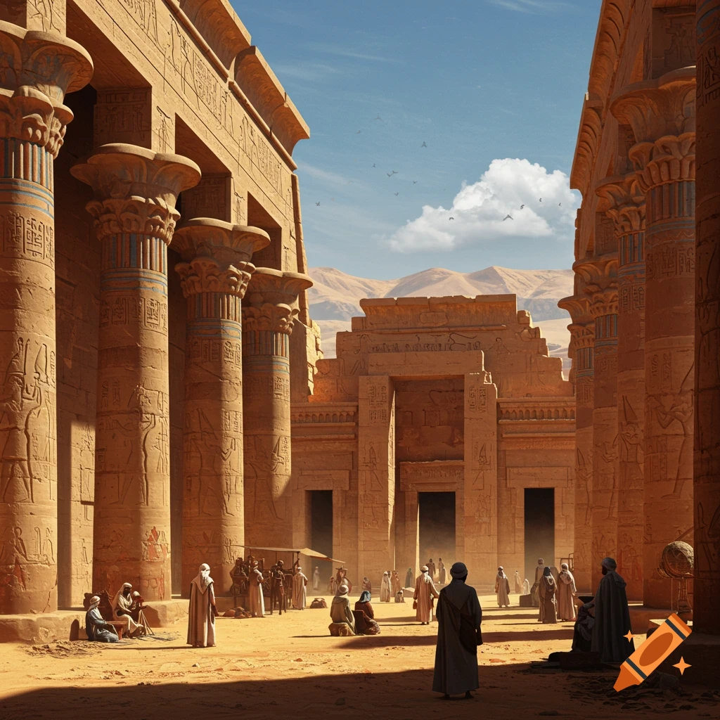 An ancient Egyptian temple courtyard with large carved pillars, buildings, people, and desert landscape under a sunny sky.