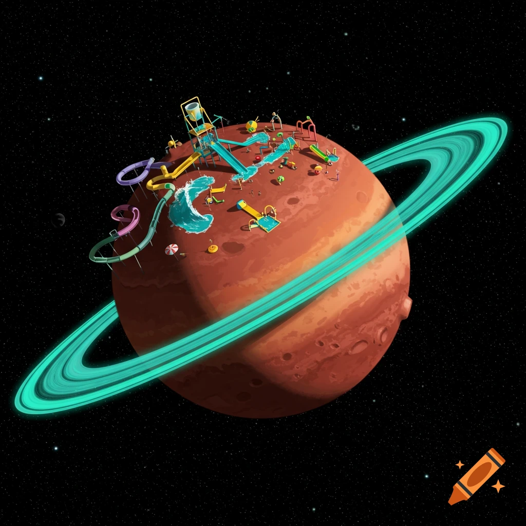 Cartoon illustration of a waterpark built on a ringed planet in space.