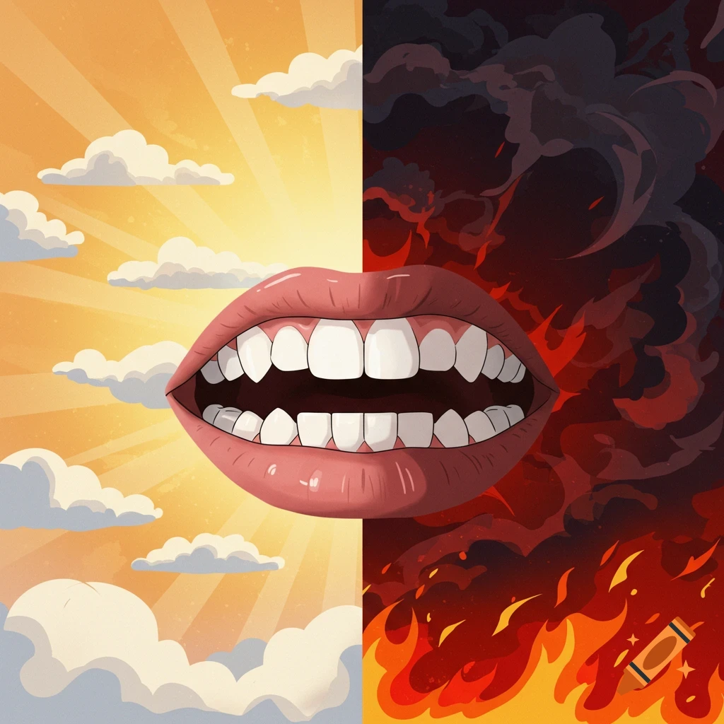 Stylized illustration of a mouth split between a sunny sky and a fiery, smoky hellscape.
