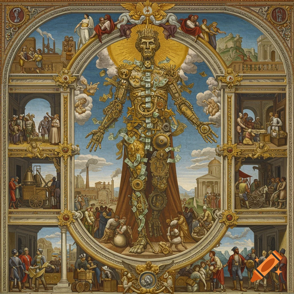 Detailed allegory illustration of a large mechanical figure made of gears and money, surrounded by scenes of labor and industry.