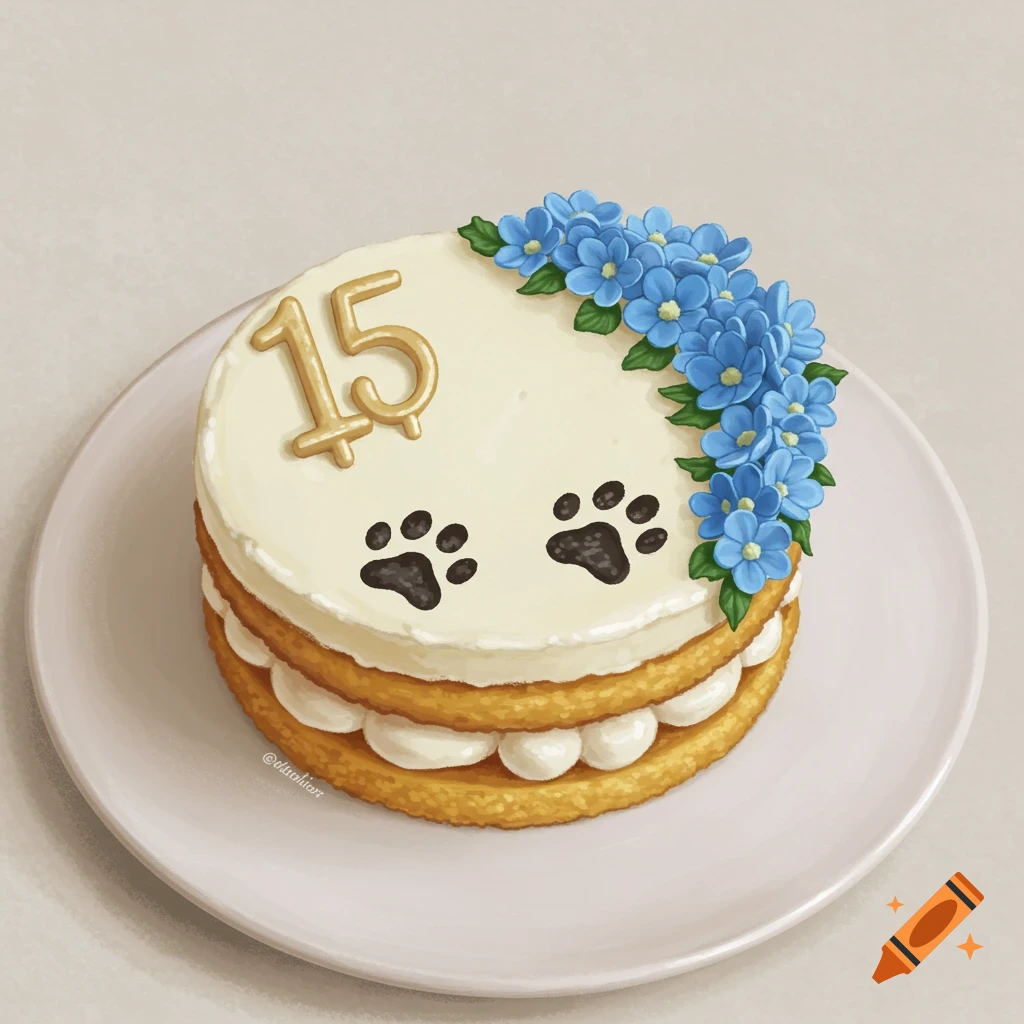 Circle cake with blue flowers, number 15, and paw prints decoration mock-up design idea for party cake decorations DIY bake off ideas inspiration trends birthday cake decoration ideas bakeries baking food cakes fondant frosting buttercream icing fillings toppings cakes occasion seasonal flavors techniques recipes decorating tips presentation serving storage cake decorating for beginners intermediate advanced cake art edible art cake design