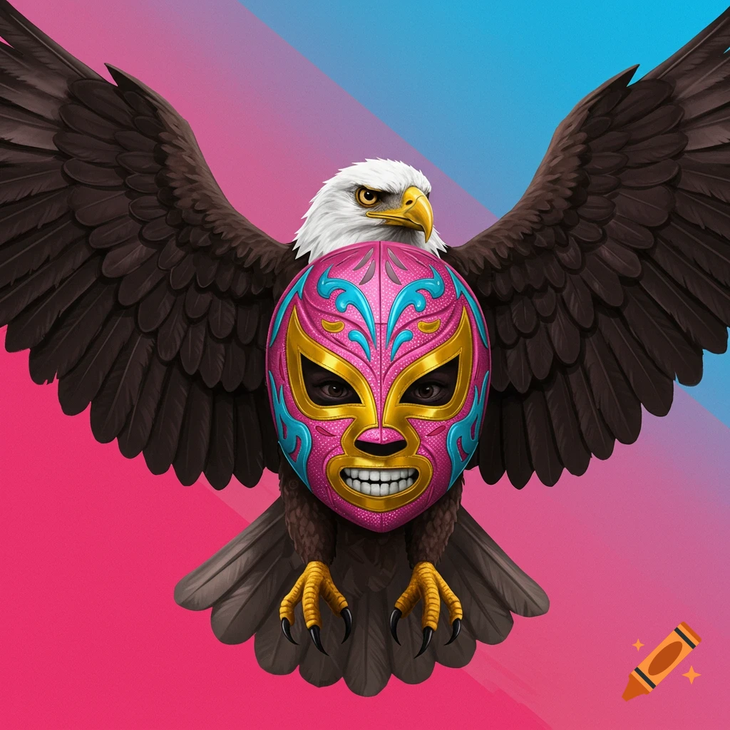 Illustration of an eagle wearing a colorful luchador mask