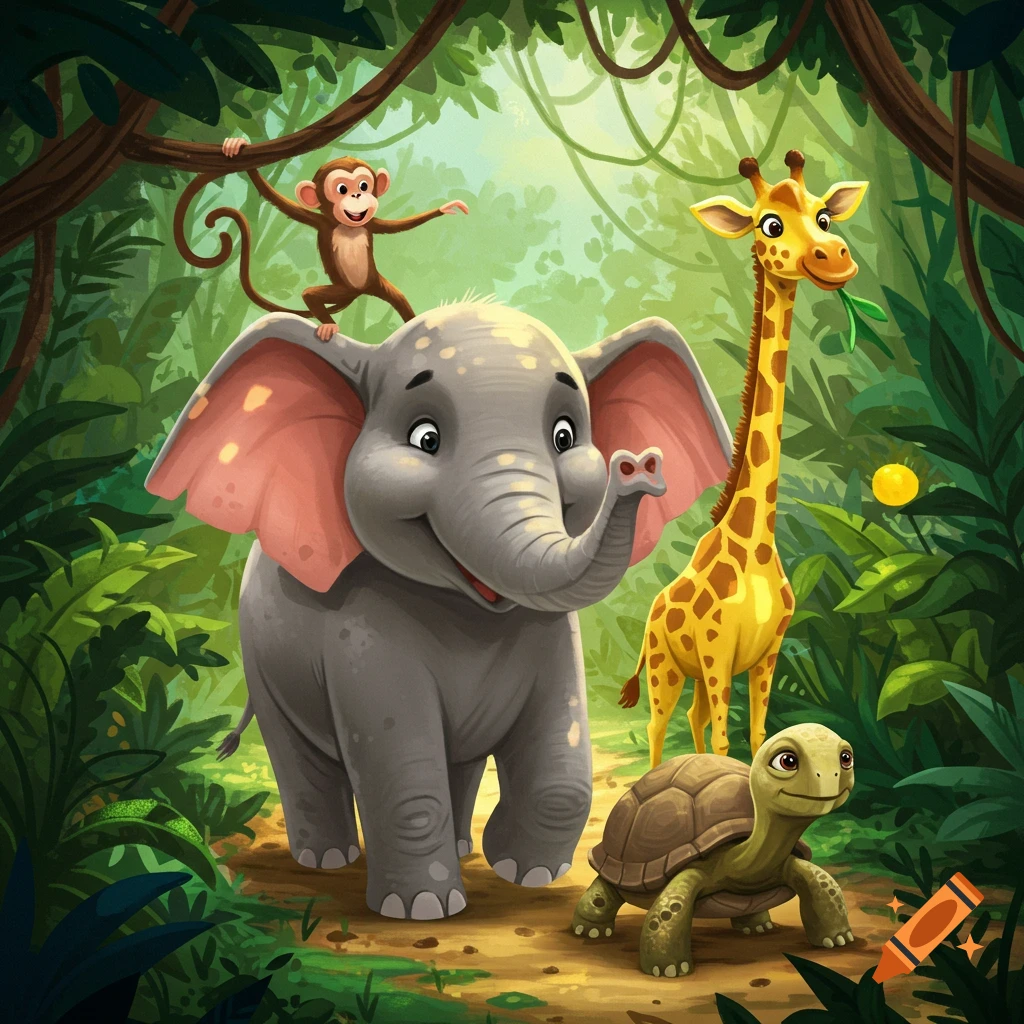 Cartoon elephant, giraffe, monkey, and turtle together in a jungle.