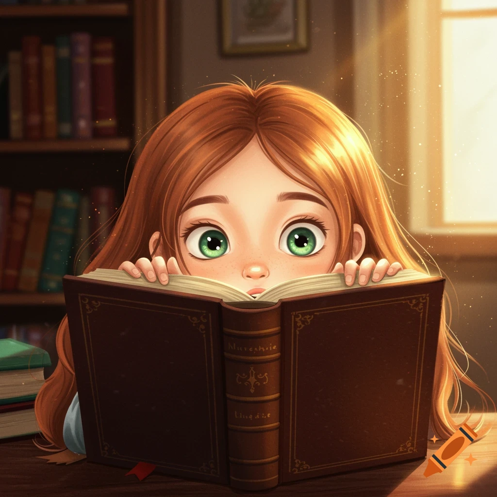 Stylized illustration of a girl with green eyes peeking over a large book in a library.