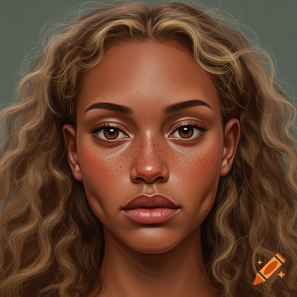 Close-up of a woman with freckles, brown eyes, dimples, and wavy blonde hair.